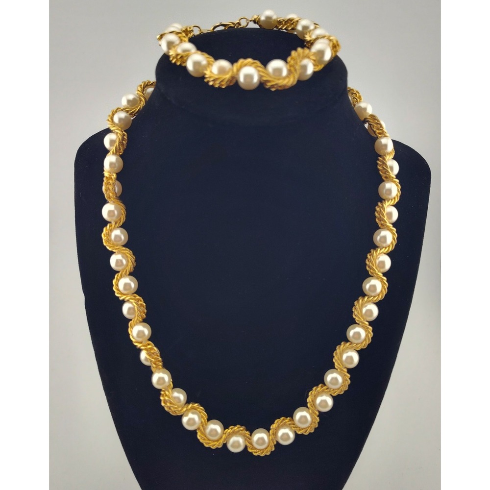 Necklace bracelet set faux pearls twisted fashion gold rope costume jewelry